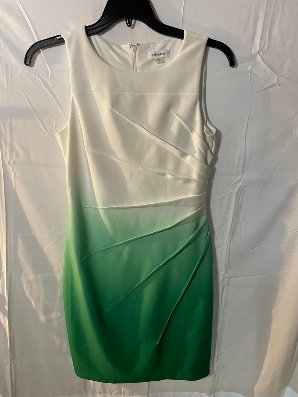 Feminine Calvin Klein White to Green Ombre Sheath Dress with Draped Seams